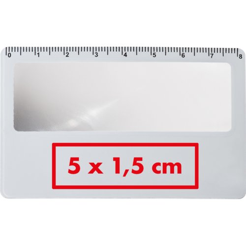 Vit frstoringsglas i plastkortformat med linjal.