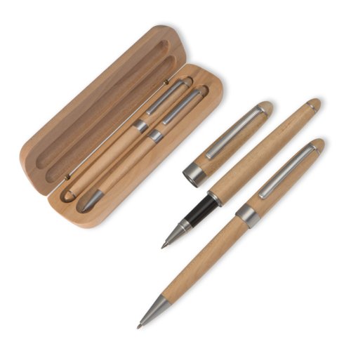 Brunt skrivset i tr med kulspetspenna, rollerballpenna och etui.