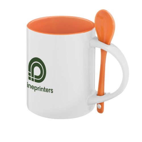 Orange keramisk mugg med matchande sked p handtaget.