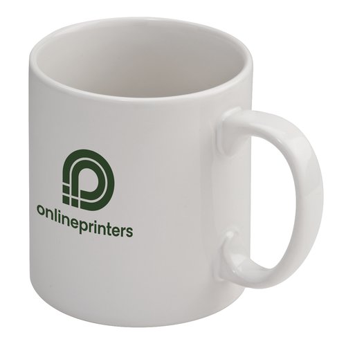 Vit keramisk mugg med handtag.