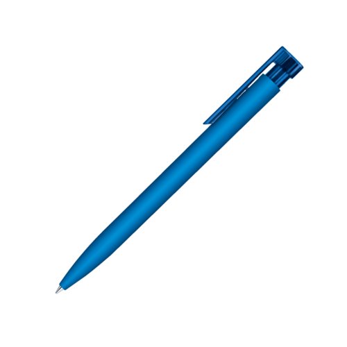 Bl� kulspetspenna i plast med mjuk yta och clip.