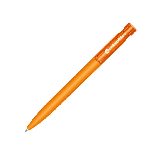 Orange kulspetspenna i plast med tryckmekanism och soft-touch-yta.