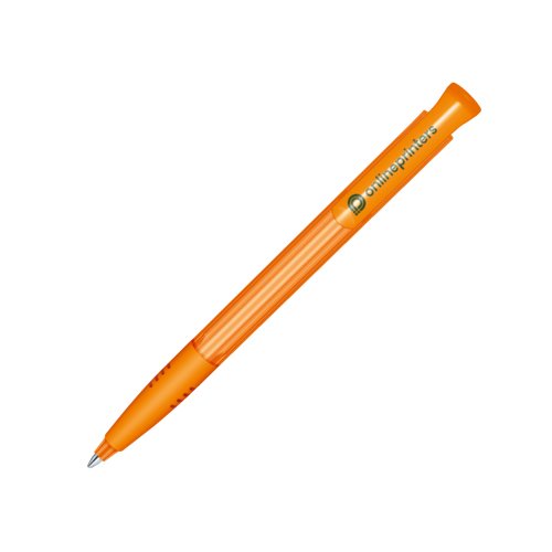 Orange plastkulspetspenna med tryckmekanism och mjukt grepp.