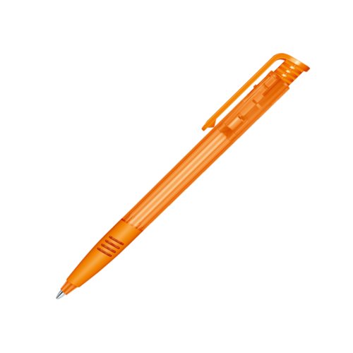 Orange plastkulspetspenna med tryckmekanism och klmma.