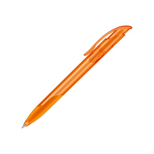 Orangefrgad kulspetspenna i plast med mjukt grepp och klmma.