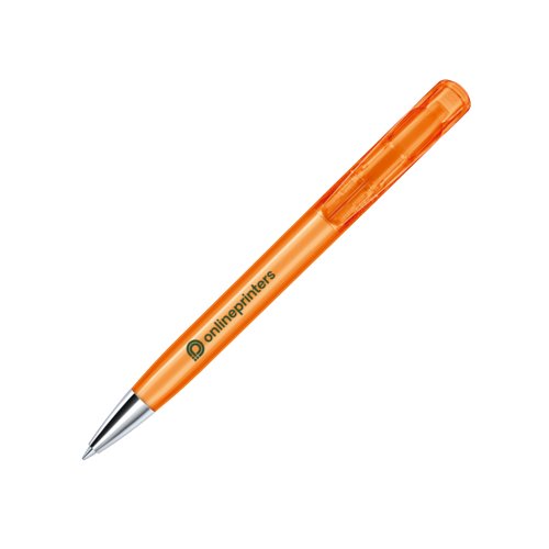 Orange plastkulspetspenna med metalldetaljer och tryckmekanism.
