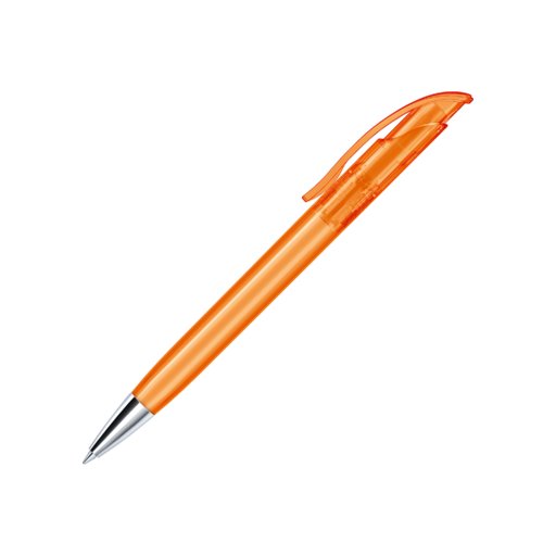 Orange plastkulspetspenna med metallspets och klmma.