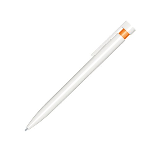 Orange plastkulspetspenna med polerad finish och klmma.