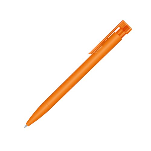 Orange bioplastkulspetspenna med klmma och tryckmekanism.