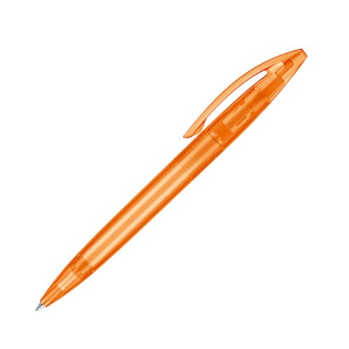 Orange plastkulspetspenna med kl�mma och tryckmekanism.
