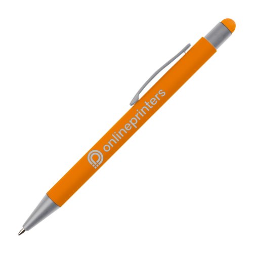Orange plastkulspetspenna med touchpen och klmma.