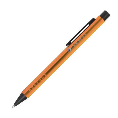 Orange metallkulspetspenna med mnster, klmma och tryckmekanism.