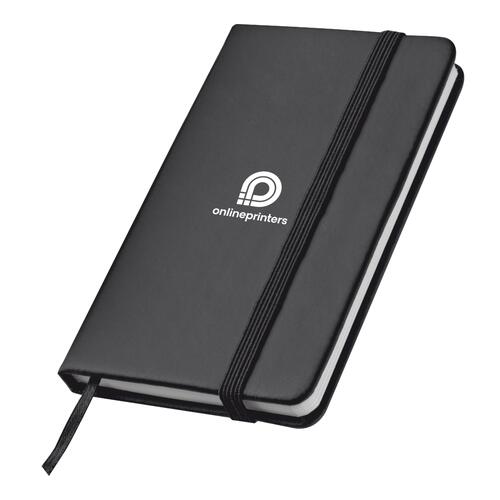 Svart anteckningsbok med gummiband och bokm�rke.