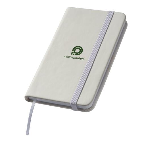 Vit anteckningsbok med gummiband och bokm�rke.