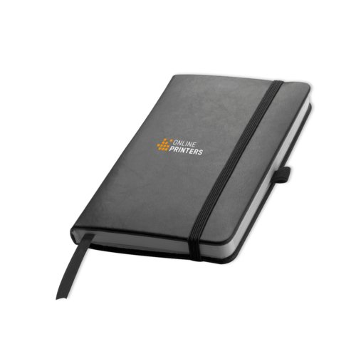 Svart anteckningsbok med elastisk st�ngning och bokm�rke.