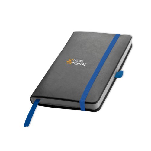 Bl� anteckningsbok med h�rd p�rm, elastisk st�ngning och bokm�rke.