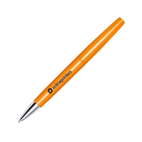 Orange kulspetspenna med vridmekanism och metalldetaljer.