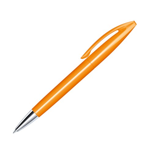 Orange vridbar kulspetspenna med metalldetaljer och klmma.