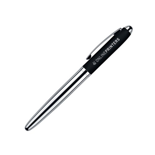 Svart rollerballpenna i plast med metalldetaljer och mjuk yta.