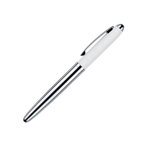 Vit rollerball-penna med metalldetaljer och mjuk yta.