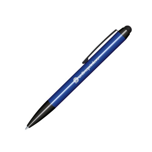 Mrkbl plastkulspetspenna med pekplatta, stift och clip.