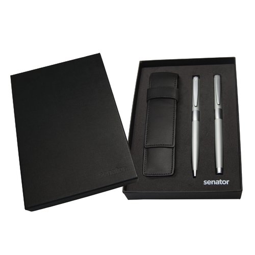 Set med kulspetspenna och rollerball i läderetui senator® Image Chrome 2