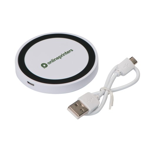 Vit induktionsladdare med USB-kabel.