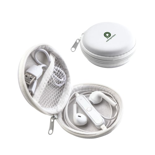 Vita Bluetooth-hrlurar med fodral och kabel.