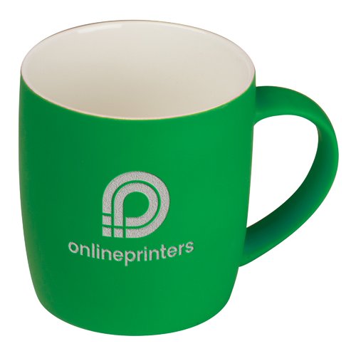 Grn keramisk mugg med rundade kanter och handtag.
