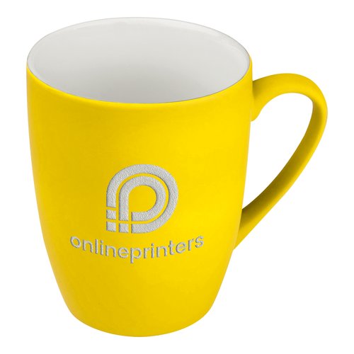 Gul keramisk mugg med handtag.