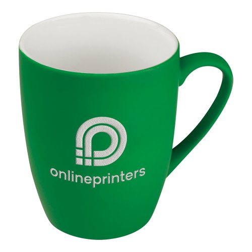 Grn keramisk mugg med rundad design och handtag.