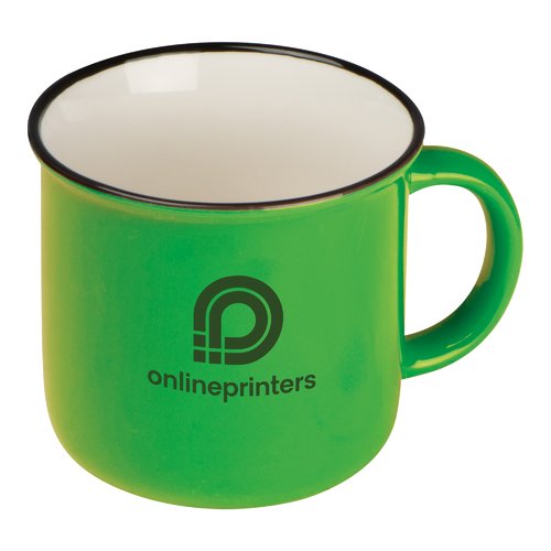 Grn keramisk mugg i retrostil med handtag.