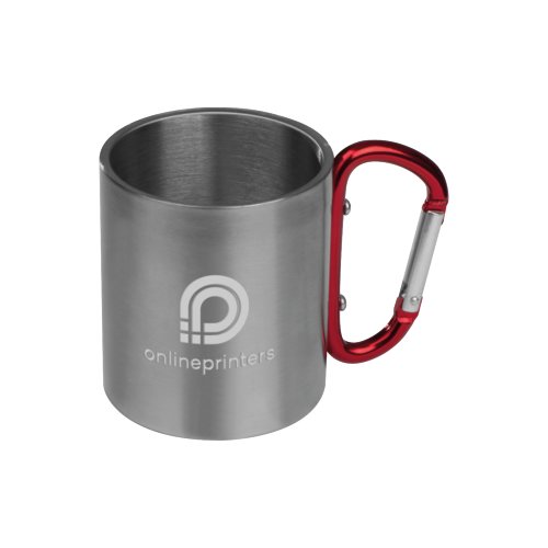Rd metallmugg med karbinhakehandtag.