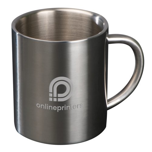 Silverfrgad metallmugg med handtag.