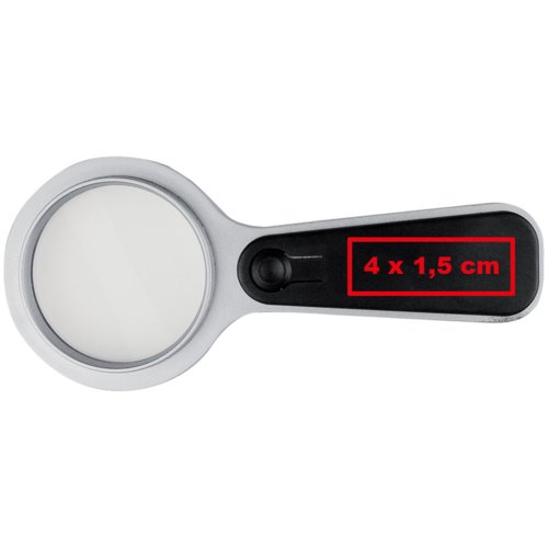 Silverfrgad frstoringsglas med LED-belysning p handtaget.