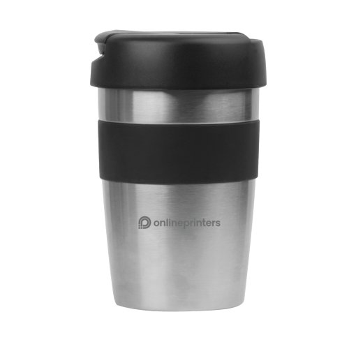 Silverfrgad isolerad mugg i rostfritt stl med svart lock och grepp.