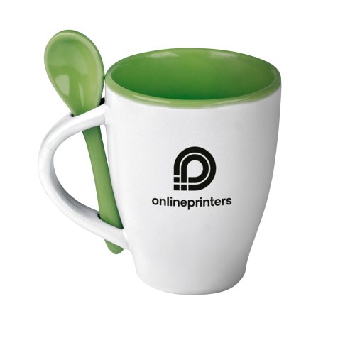 Grn keramisk mugg med matchande sked.