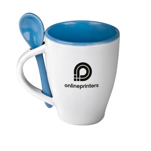 Bl keramisk kaffemugg med sked.