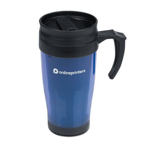Bl plastmugg med lock och handtag.