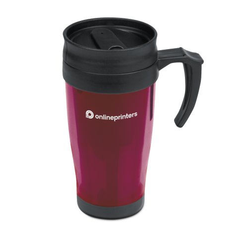 Rd plastmugg med lock och handtag.