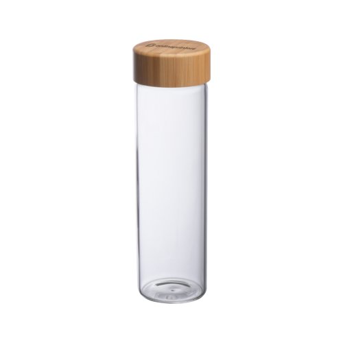 Transparent glasflaska med bambulock.