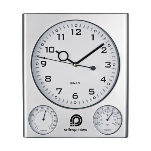 Silverfrgad plastvggklocka med analog display och termometer/hygrometer.
