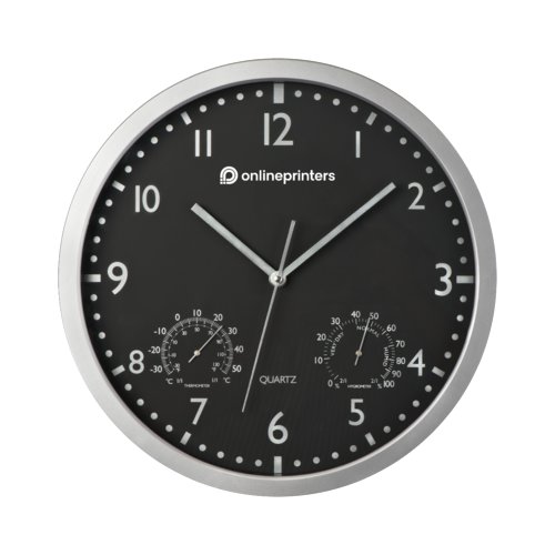 Svart vggklocka med termometer och hygrometer.