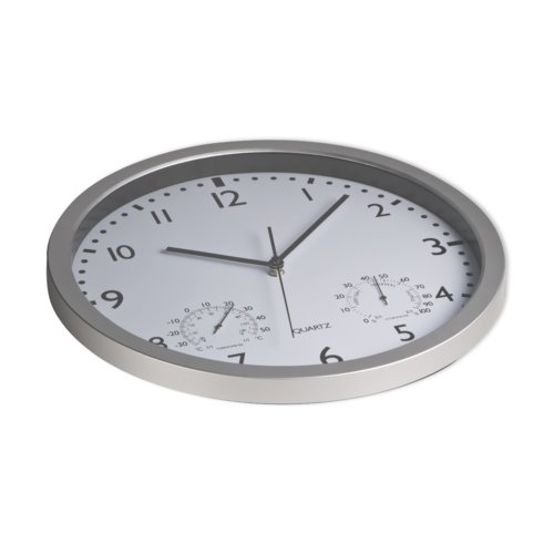 Vit vggklocka med silverfrgad ram och temperaturdisplay.