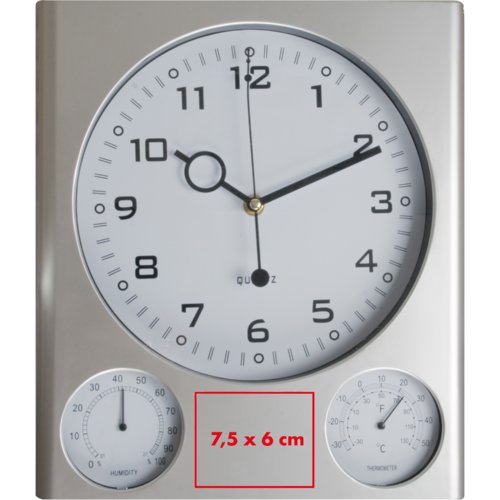 Silverfrgad plastvggklocka med termometer och hygrometer.
