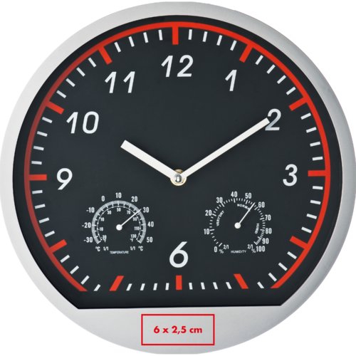 Silverfrgad vggklocka med temperatur- och luftfuktighetsdisplay.