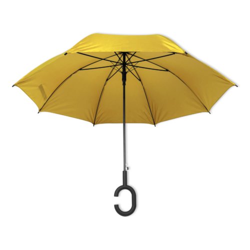 Gult paraply med speciellt handtag.