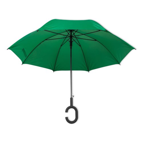 Grnt paraply med speciellt handtag.