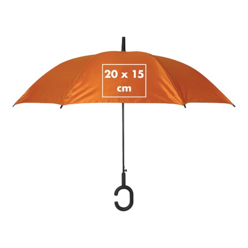 Orange paraply med speciellt handtag.