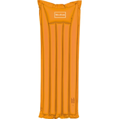 Orange uppblsbar luftmadrass i plast med avlng form.